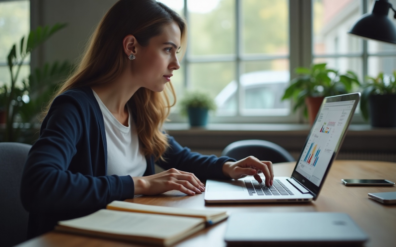 Mitarbeiter arbeitet am Laptop mit einem Chatfenster eines KI-Assistenten