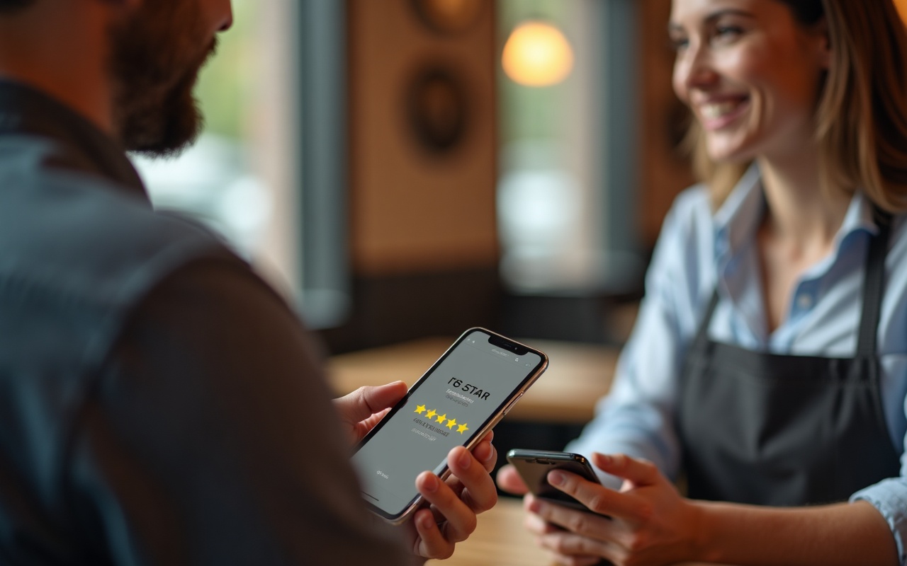 Fünf-Sterne-Bewertung auf einem Smartphone für einen lokalen Betrieb