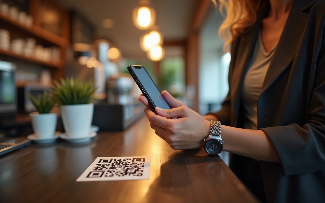 QR-Code-Aufsteller auf einer Ladentheke zum Abgeben einer Google-Bewertung