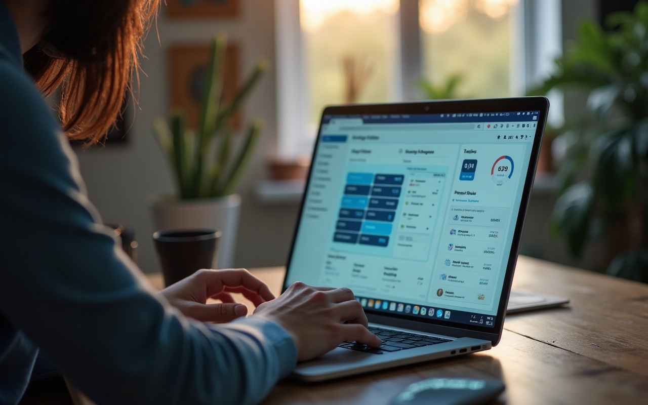 Handwerksunternehmer am Laptop vergleicht verschiedene Marketing-Werkzeuge im Büro