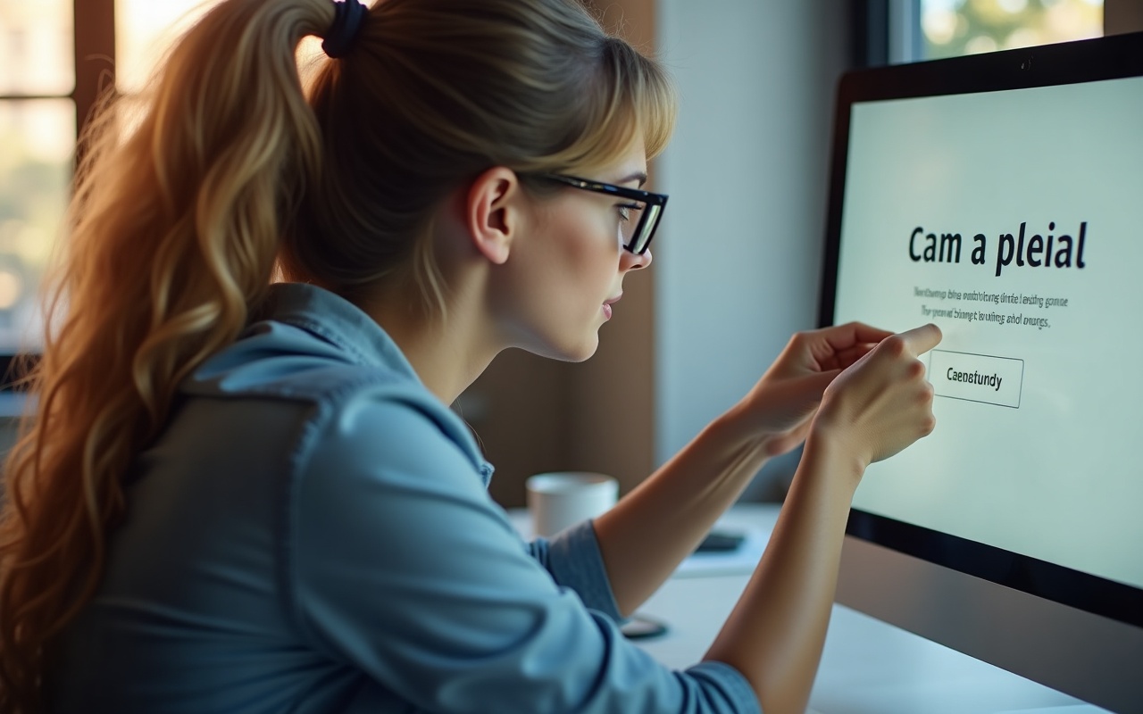 Marketingverantwortliche vergleicht zwei Versionen einer Angebotsseite am Monitor