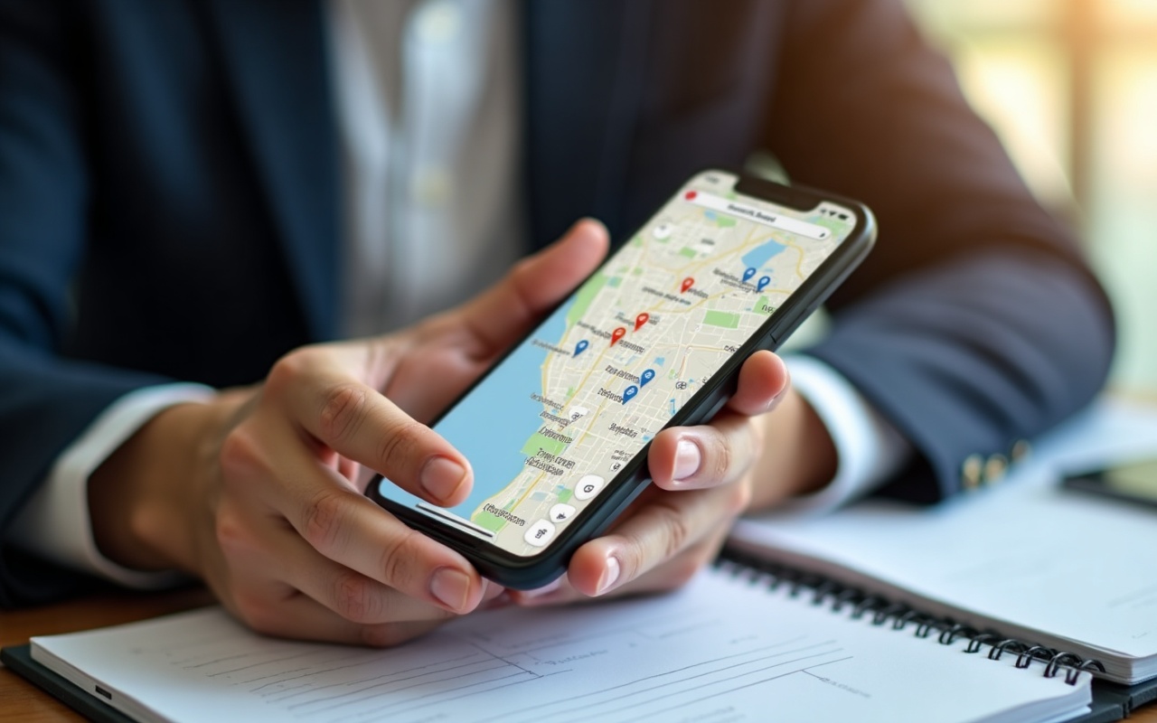 Smartphone mit Google-Maps-Kartenausschnitt und lokalen Suchergebnissen