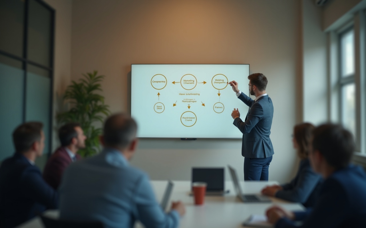 Übersicht verschiedener Online-Marketing-Kanäle als Symbole auf einem Bildschirm