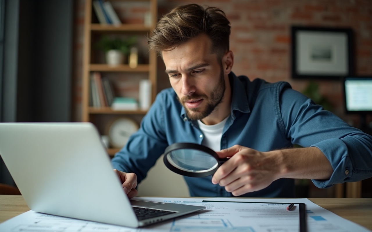 Schreibtisch mit Laptop und ausgedruckter Checkliste, jemand hakt Punkte ab