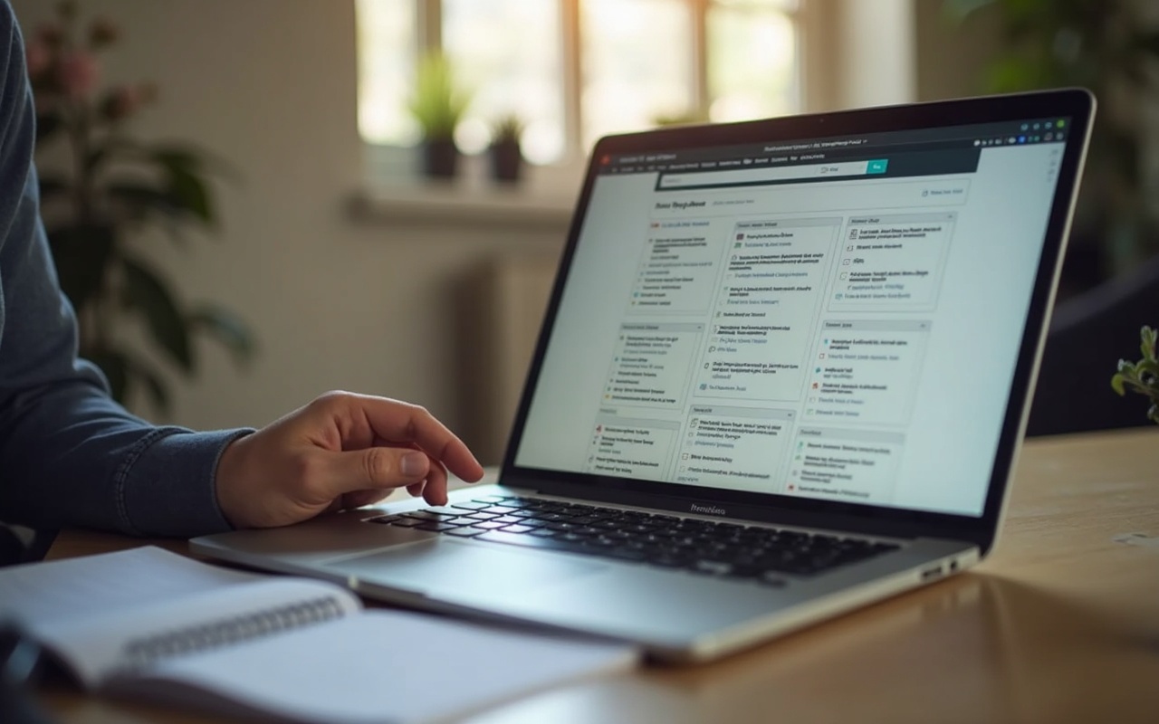 Person prüft eine Website auf einem Laptop und macht sich Notizen auf einem Block