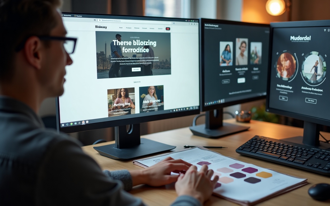 Mehrere Layout-Vorschauen einer Website nebeneinander auf einem Laptop