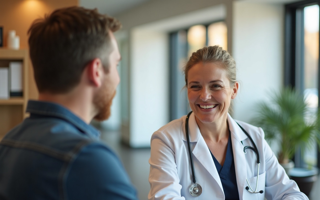 Hausarzt im Sprechzimmer im Gespräch mit einem Patienten