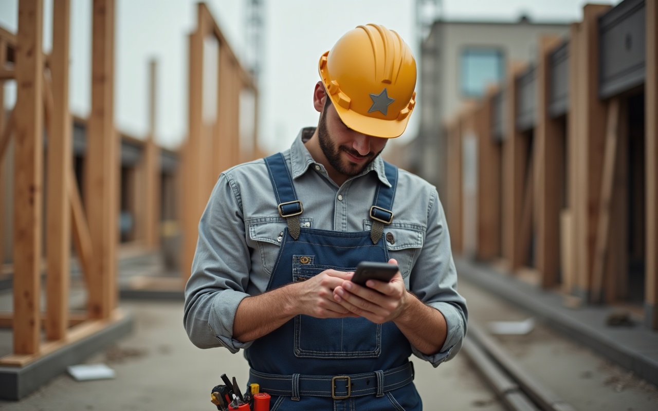 Handwerker auf einer Baustelle prüft etwas auf dem Smartphone