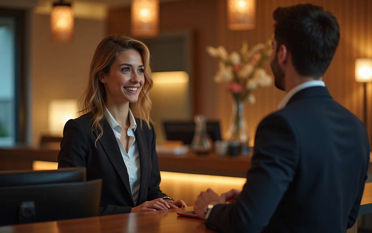 Empfangsbereich eines modernen Hotels mit freundlichem Rezeptionsteam