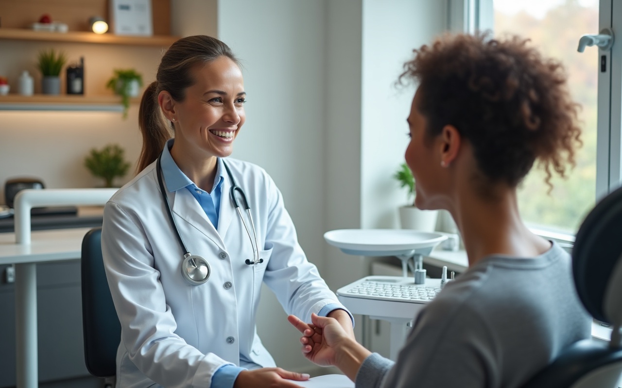 Zahnärztin in moderner Praxis berät eine Patientin