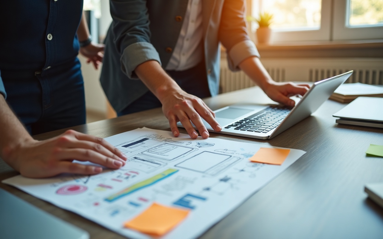 Webdesign-Prozess: gemeinsame Planung eines Website-Projekts mit Wireframes und Tablet